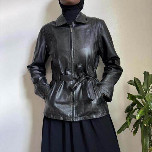 Vintage Black leather jacket with belt size L - Picture 2 of 8